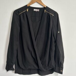 CK Women's Medium Black Blouse Deep‎ V Mock Wrap Gold Zipper Accent Roll Tab